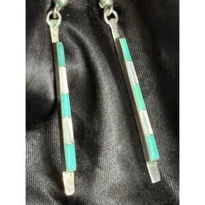 Silver Dangle Stud Earrings Zuni Native American Turquoise & MOP Bar Long Inlay